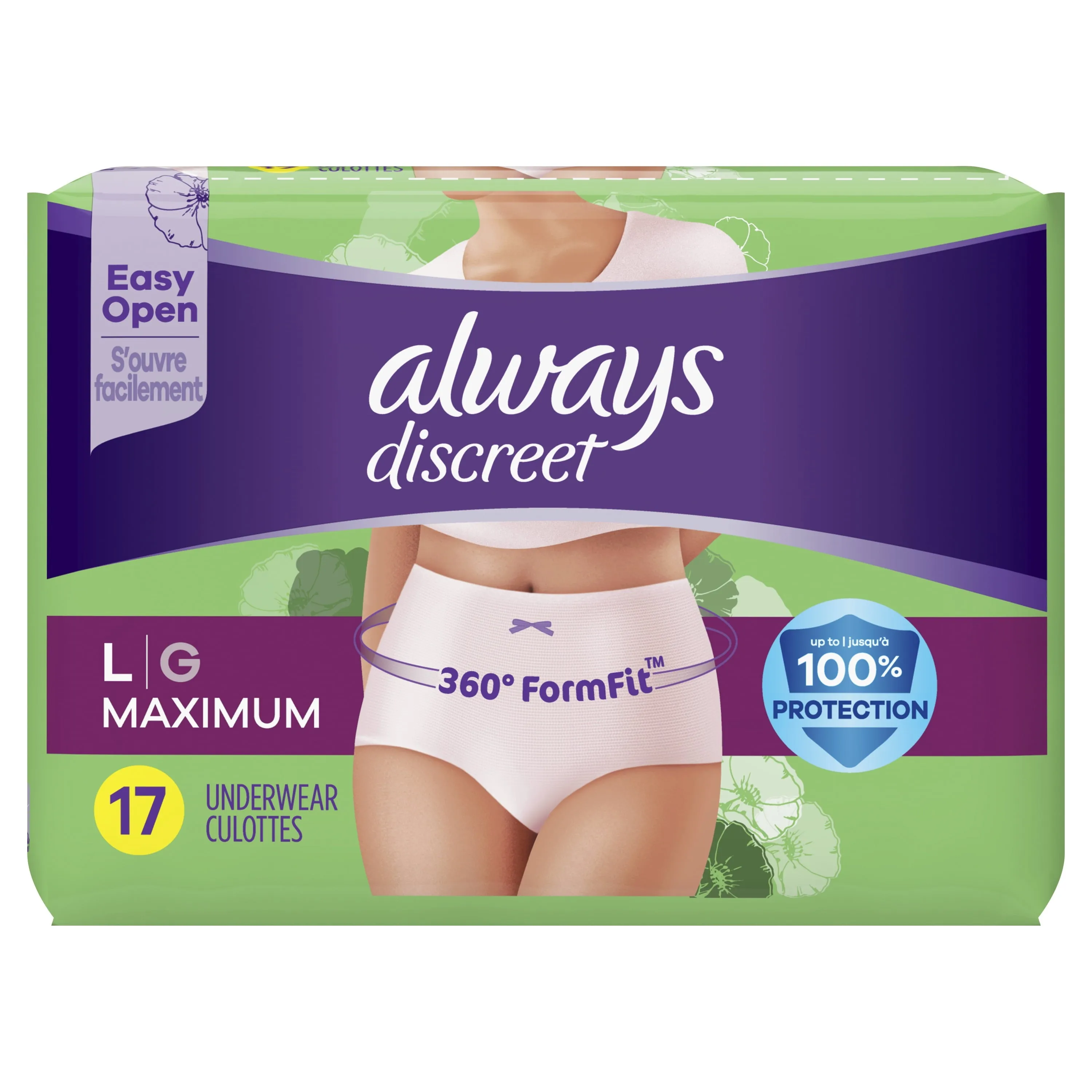 Always Discreet Adult Incontinence Underwear for Women, L, 17 CT