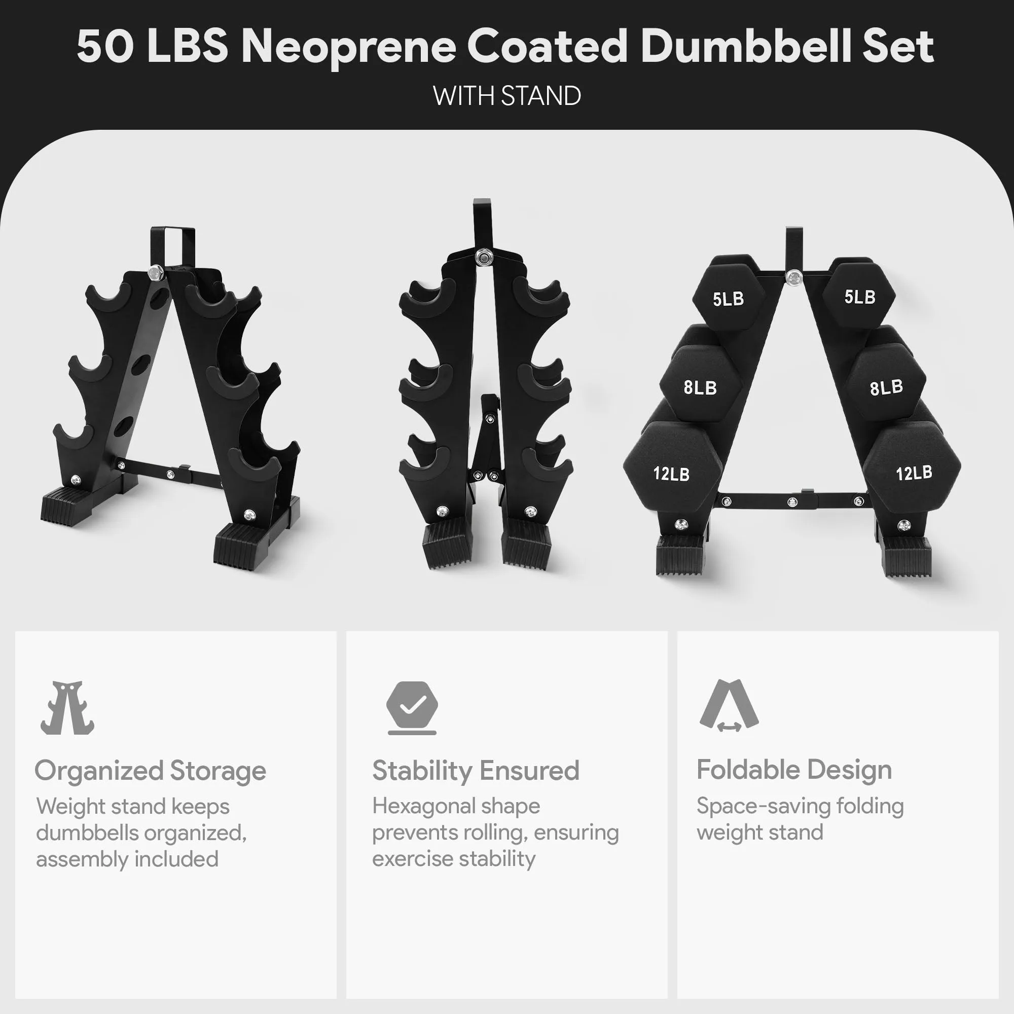 BalanceFrom Fitness 50 Pound Neoprene Coated Dumbbell Set with Stand, Black