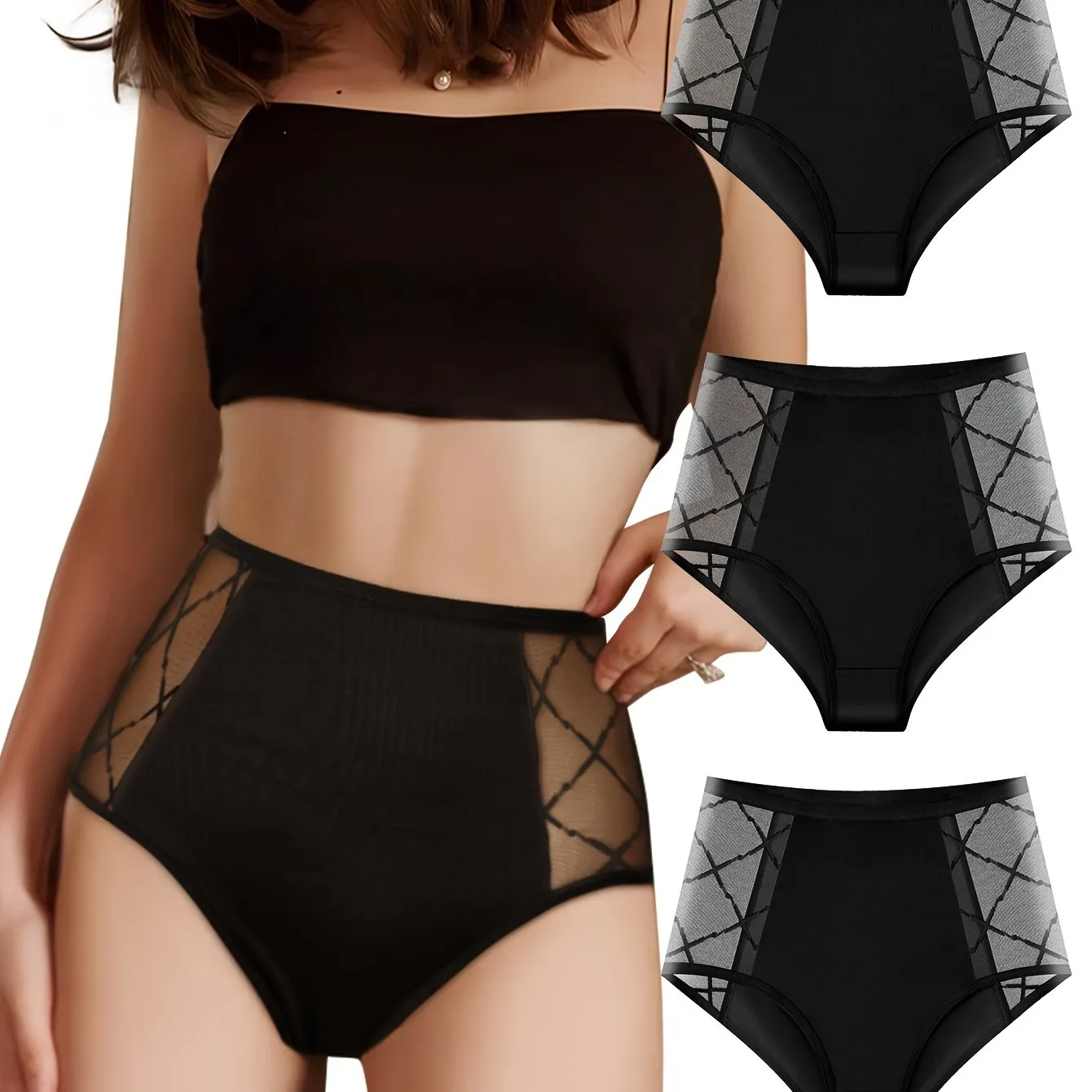 Comfy  Breathable Contrast Mesh Briefs 3pcs Womens Lingerie