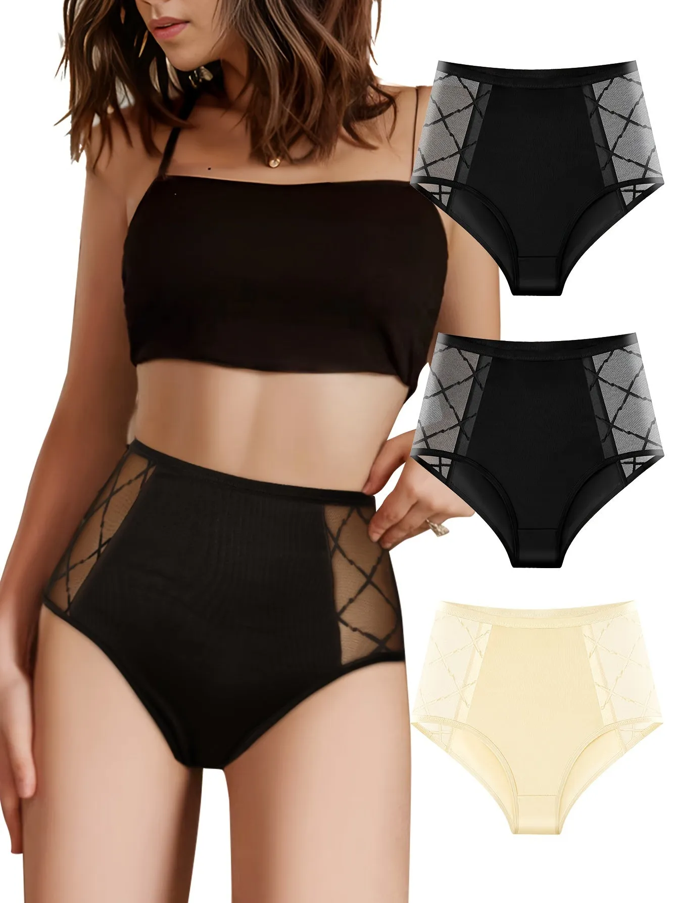 Comfy  Breathable Contrast Mesh Briefs 3pcs Womens Lingerie