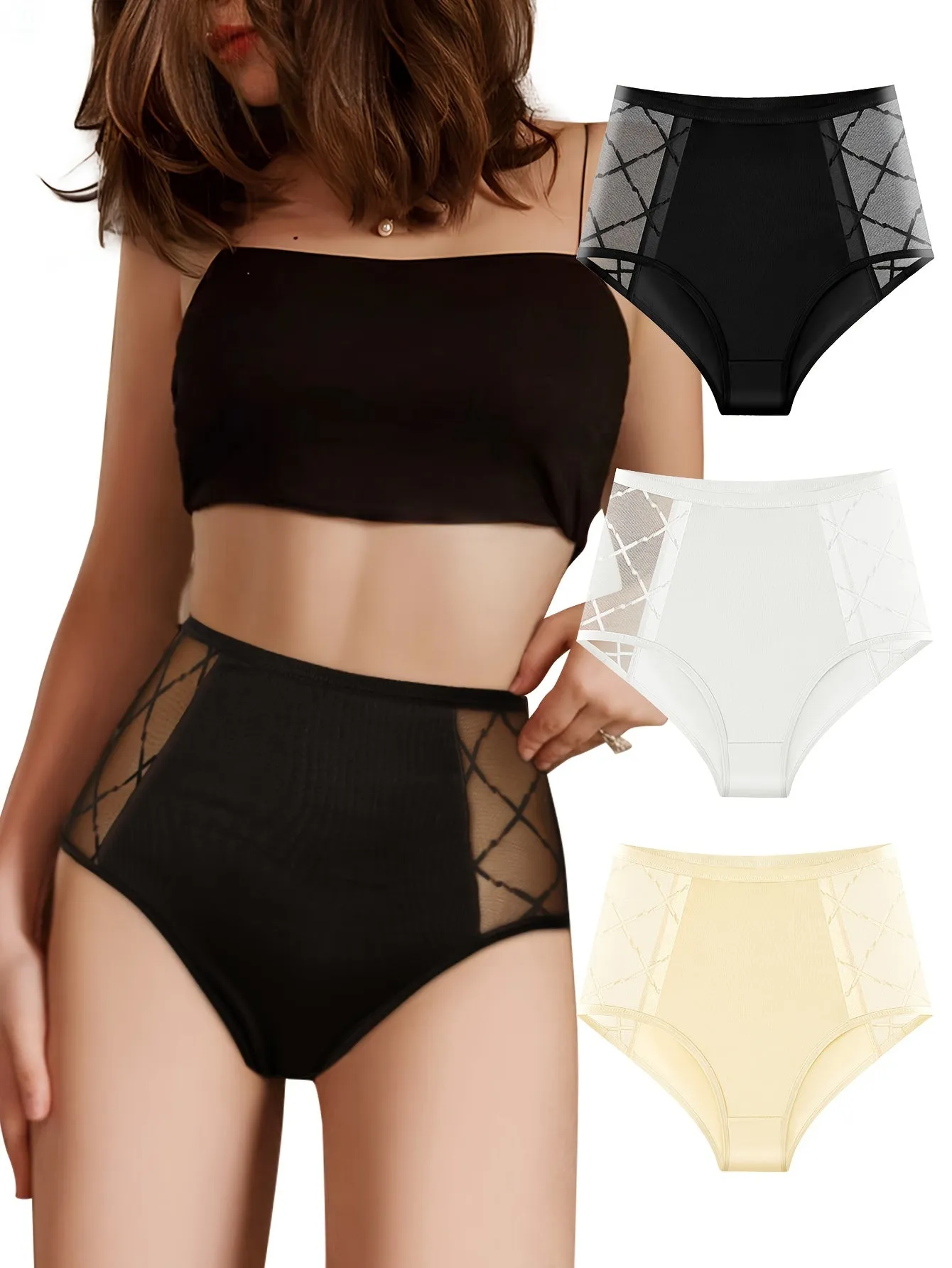 Comfy  Breathable Contrast Mesh Briefs 3pcs Womens Lingerie