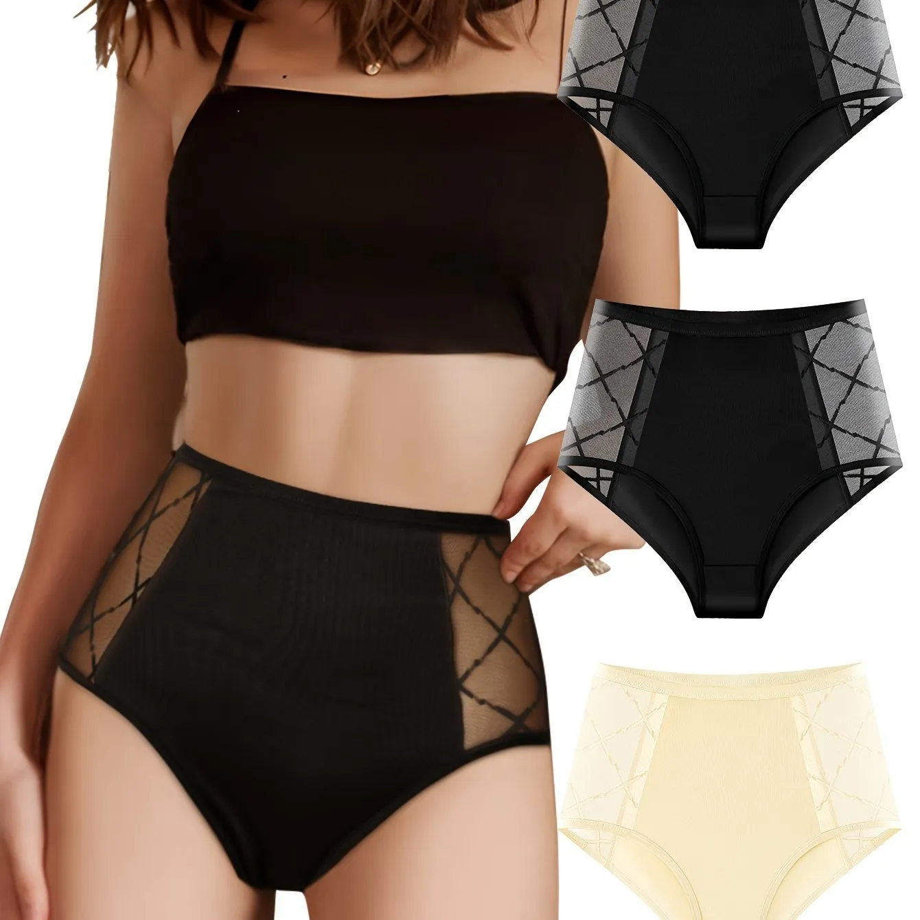 Comfy  Breathable Contrast Mesh Briefs 3pcs Womens Lingerie