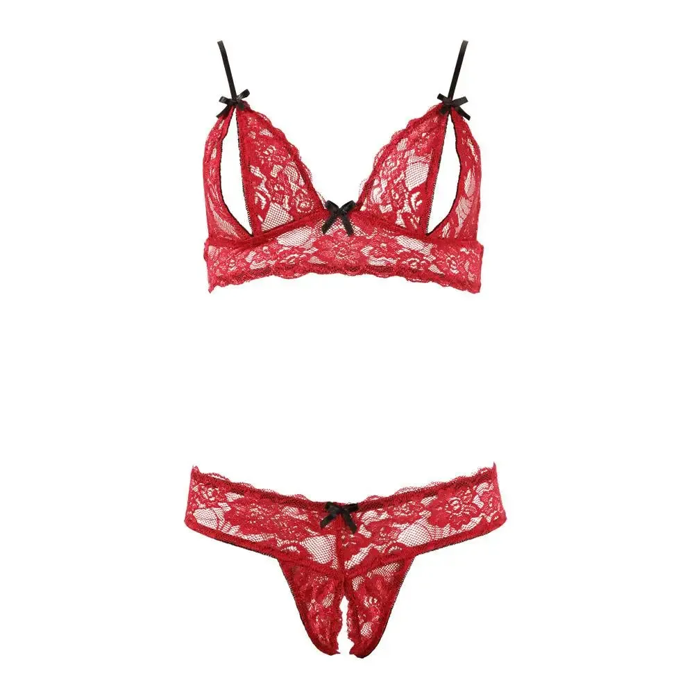 Cottelli Red Lace Peekaboo Bra and Crotchless G-string