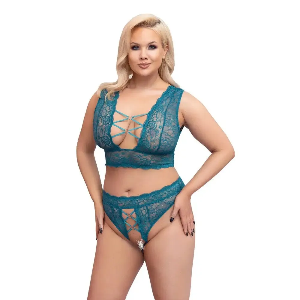 Cottelli Sexy Wet Look Crotchless Blue Plus Size Bra Set