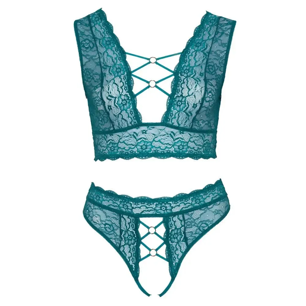 Cottelli Sexy Wet Look Crotchless Blue Plus Size Bra Set