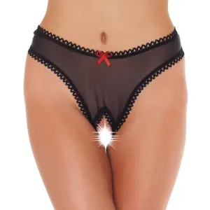 Crotchless Sheer Sexy Black G-string with Red Bow