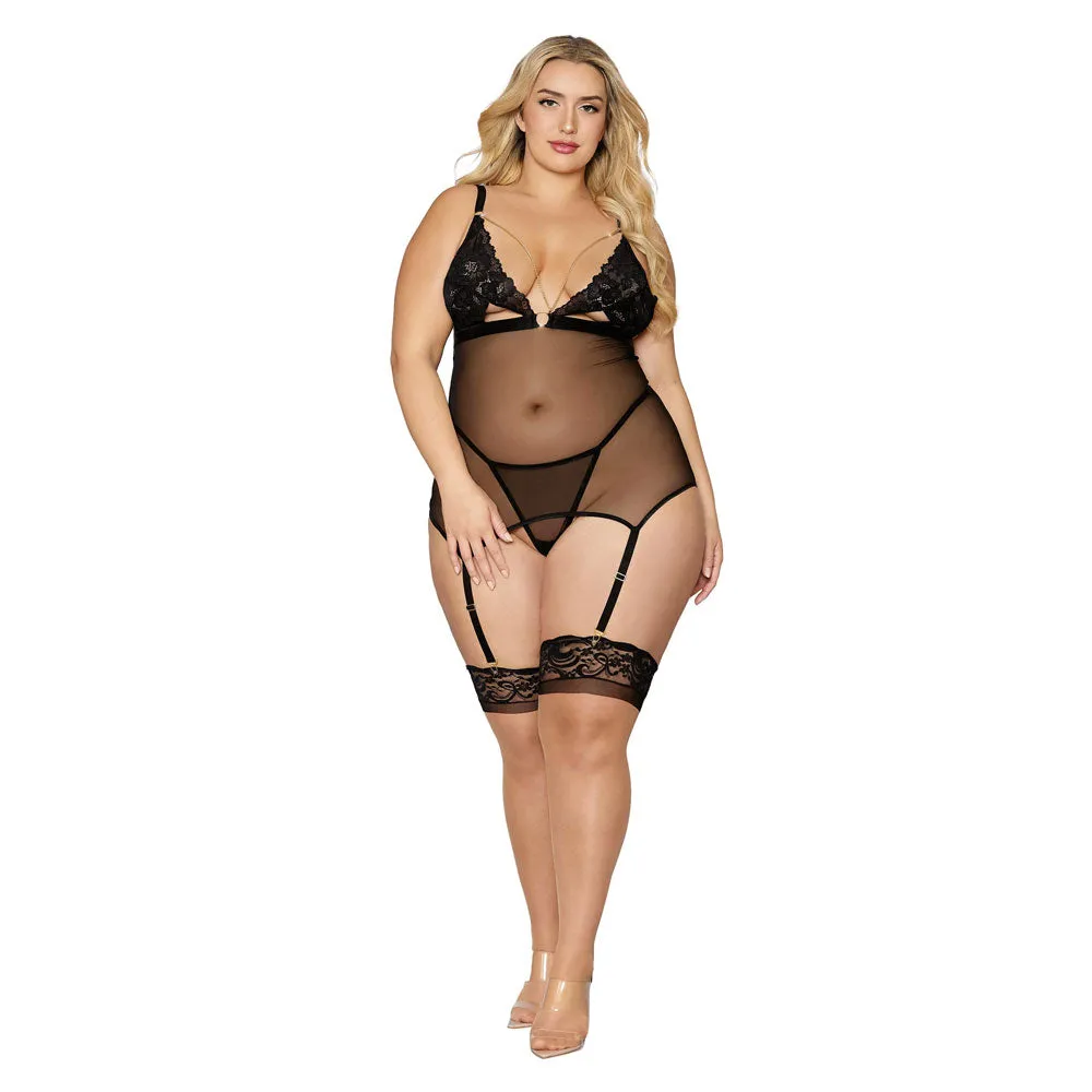 Dreamgirl Lingerie Lace and Mesh Garter Slip and G-string Set Black 12712X