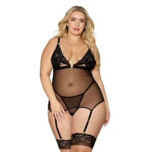 Dreamgirl Lingerie Lace and Mesh Garter Slip and G-string Set Black 12712X