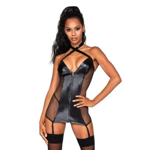 Dreamgirl Lingerie Stretch Faux-Leather & Fishnet Garter Slip & G String Black 12447