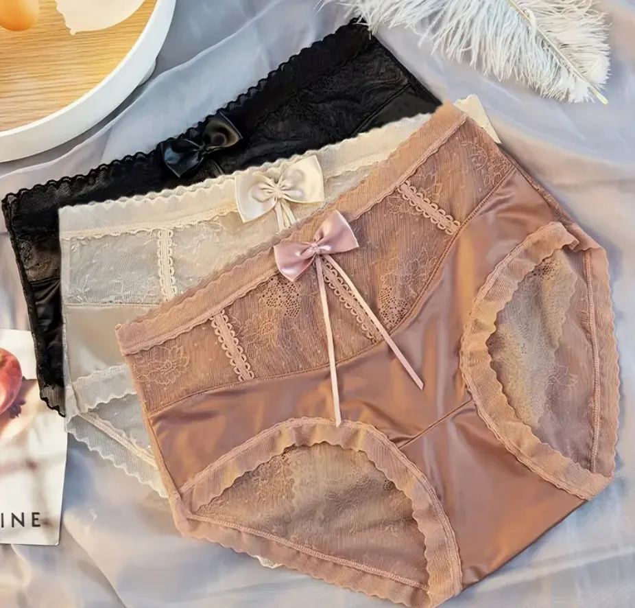 Elegant Solid Satin Contrast Lace Bow Briefs, 3pcs, Comfy Breathable Stretchy Panties, Size M