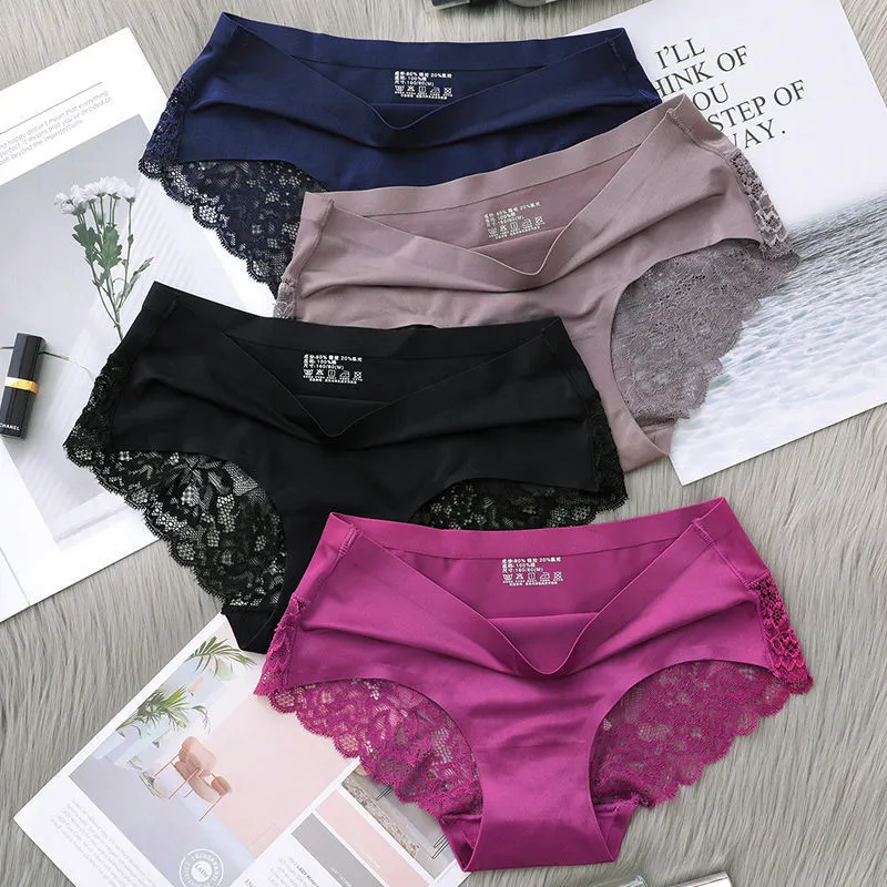 Ice Silk Underwear For Women Traceless Lace Pure Cotton Crotch Briefs