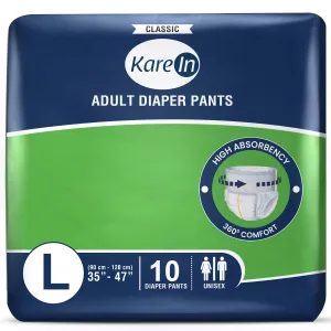 KareIn Classic Adult Diaper Pants, Large 90-120 Cm (35"- 47"), Unisex, Leakproof, Elastic Waist, Wetness Indicator, 10 Count