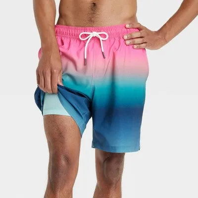 New - Men's 7" 4-Way Stretch Elevated Elastic Waist Trunk Swimsuit - Goodfellow & Co Blue/Pink XS