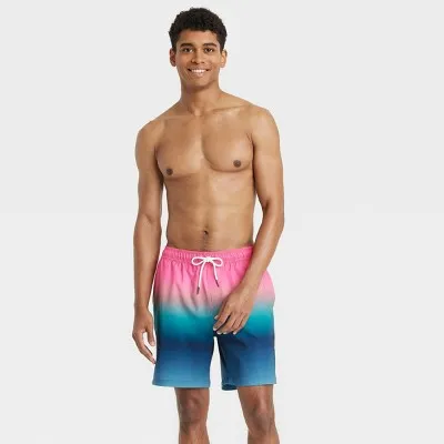 New - Men's 7" 4-Way Stretch Elevated Elastic Waist Trunk Swimsuit - Goodfellow & Co Blue/Pink XS