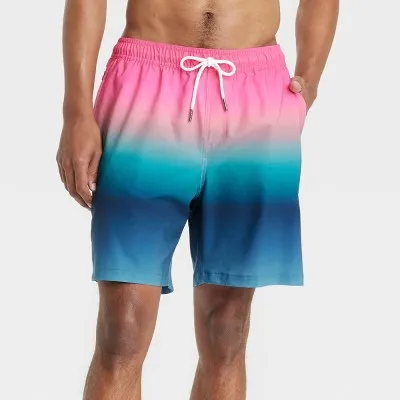 New - Men's 7" 4-Way Stretch Elevated Elastic Waist Trunk Swimsuit - Goodfellow & Co Blue/Pink XS