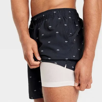 New - Men's 7" Boat Print Elevated Elastic Waist Swim Shorts with Boxer Brief Liner - Goodfellow & Co Black XS