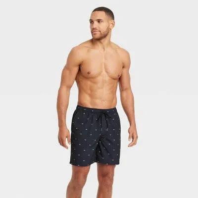 New - Men's 7" Boat Print Elevated Elastic Waist Swim Shorts with Boxer Brief Liner - Goodfellow & Co Black XS