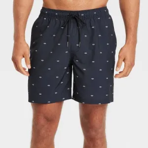 New - Men's 7" Boat Print Elevated Elastic Waist Swim Shorts with Boxer Brief Liner - Goodfellow & Co Black XS