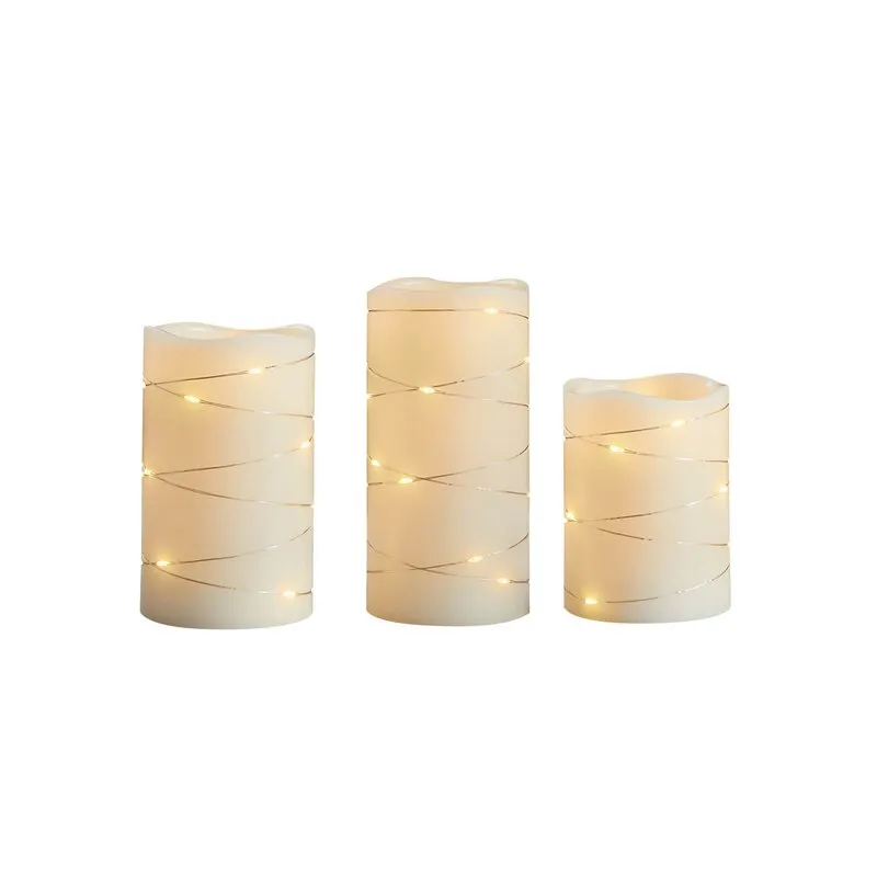 Niatu 3 Piece String of Lights LED Unscented Flameless Pillar Candle Set with Remote