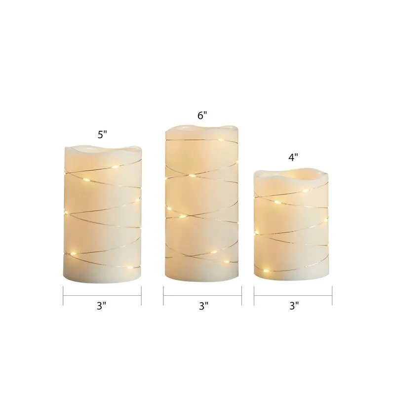 Niatu 3 Piece String of Lights LED Unscented Flameless Pillar Candle Set with Remote