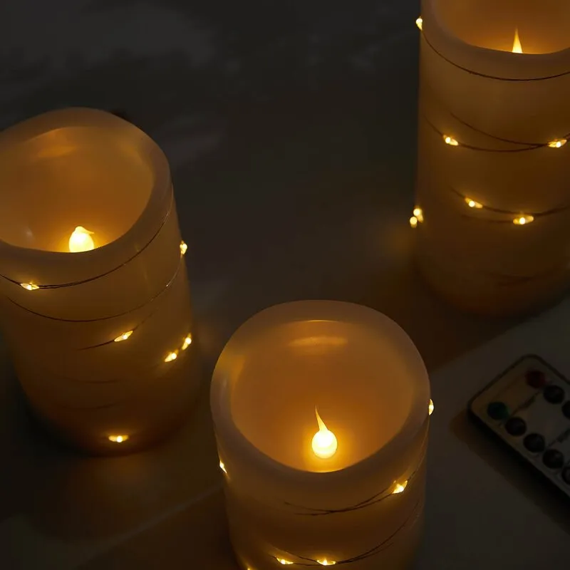 Niatu 3 Piece String of Lights LED Unscented Flameless Pillar Candle Set with Remote