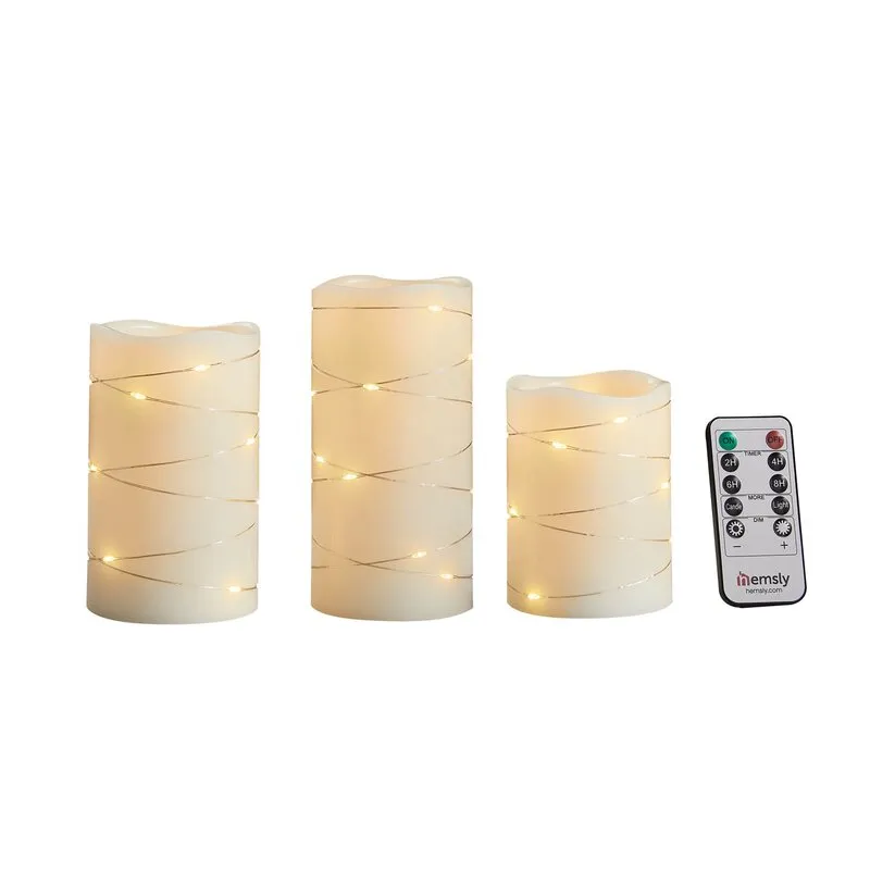 Niatu 3 Piece String of Lights LED Unscented Flameless Pillar Candle Set with Remote