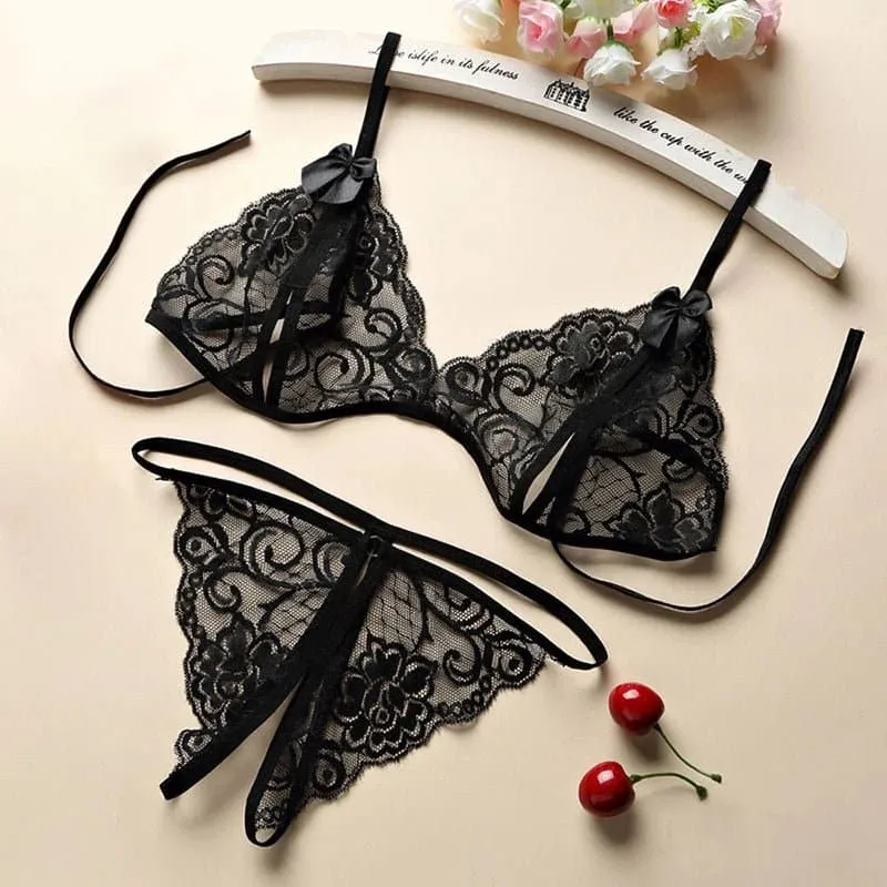 Sexy Bowknot Bra and Thong Set - Women's Hollow Out Lingerie Set