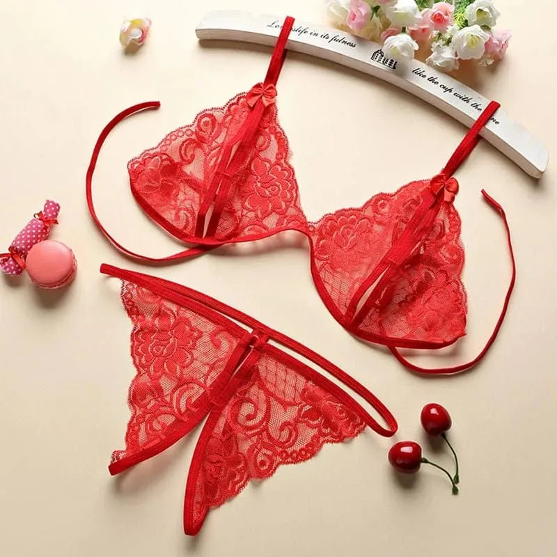 Sexy Bowknot Bra and Thong Set - Women's Hollow Out Lingerie Set