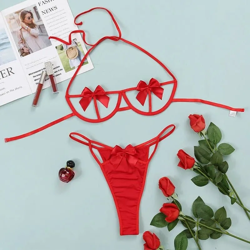 Sexy Bowknot Bra and Thong Set - Women's Hollow Out Lingerie Set