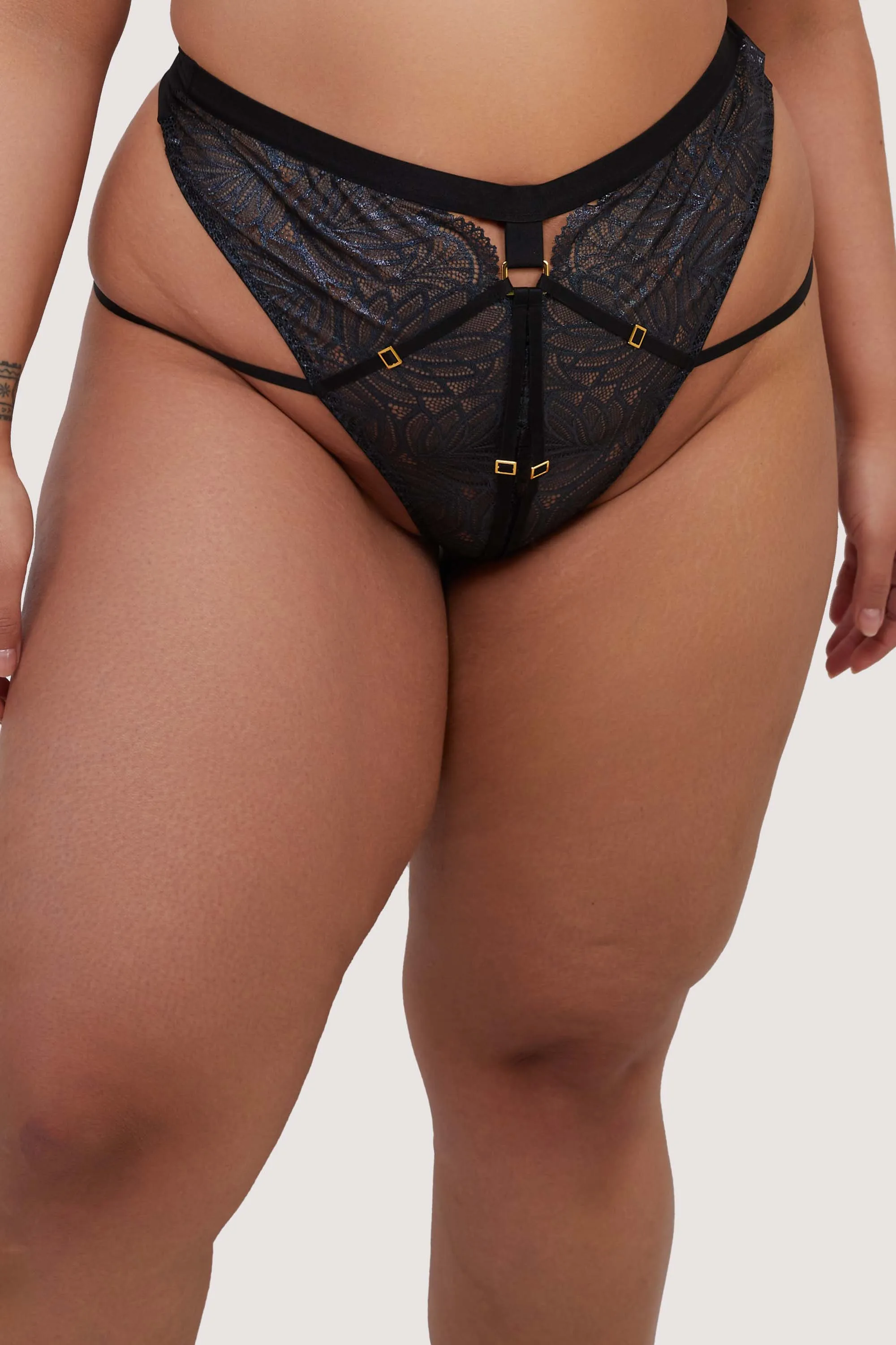 Tabitha Black Wet-Look Lace High Waist Thong