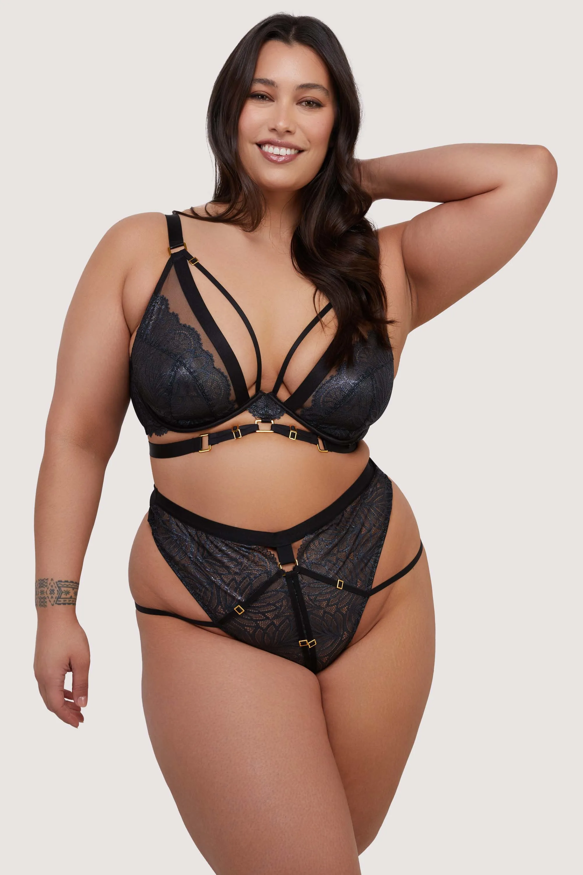 Tabitha Black Wet-Look Lace High Waist Thong