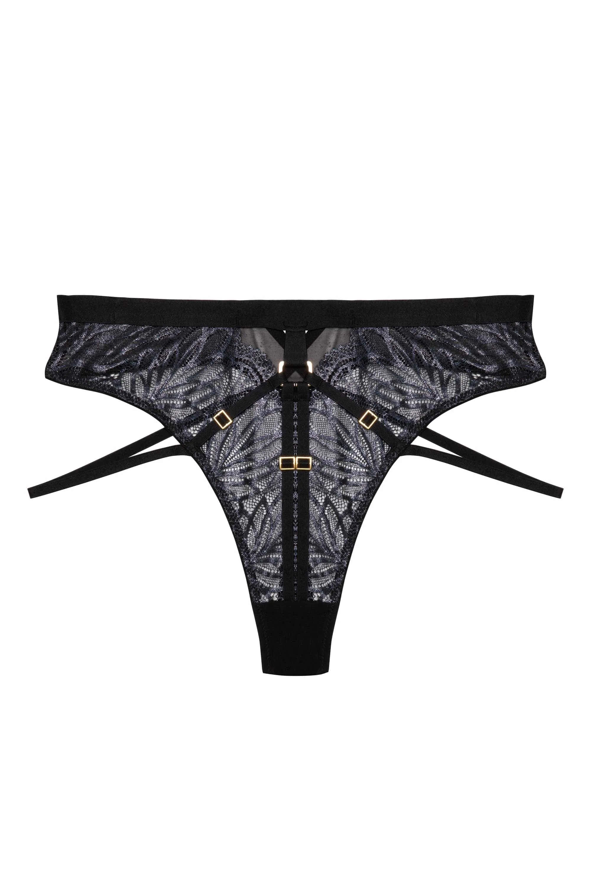 Tabitha Black Wet-Look Lace High Waist Thong