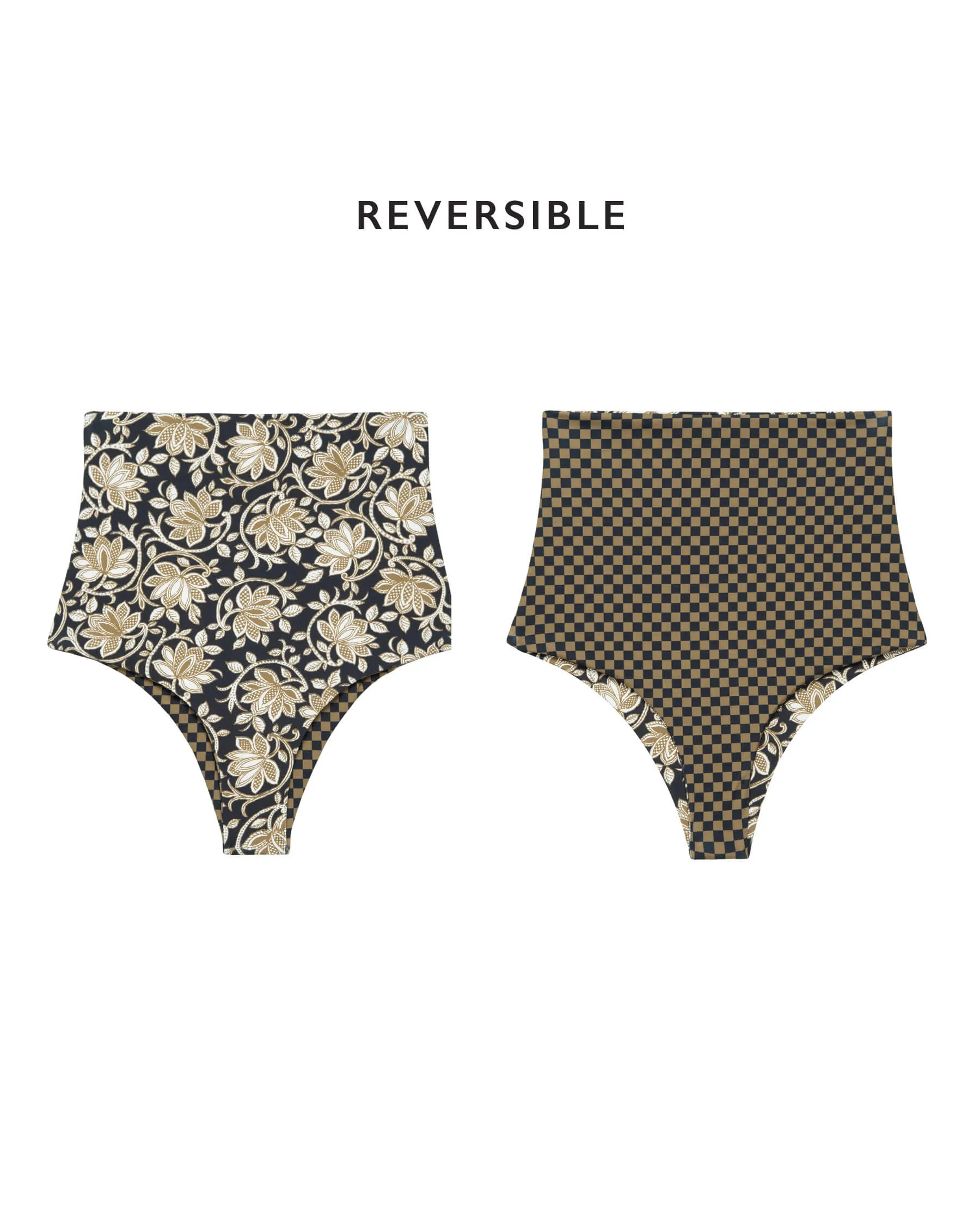 The Reversible High-Rise Brief. -- Black Oasis Floral and Bronze Check